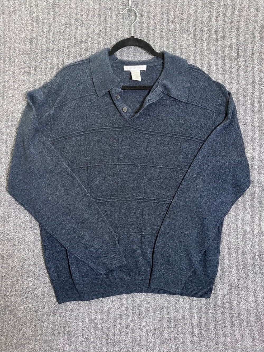 Geoffrey Beene Mens L Blue Polo Preppy Sweater Long Sleeve Textured Pullover